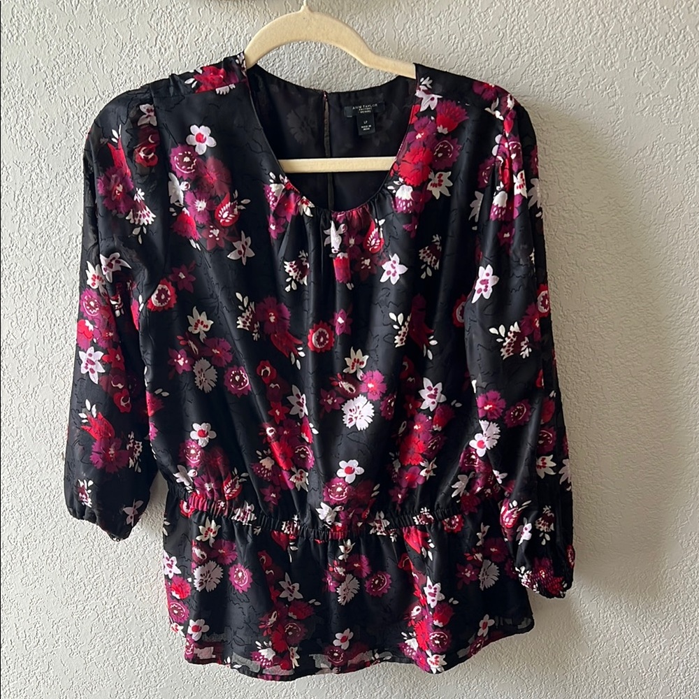 Women's Black Floral Peplum Blouse with Pink & Red Flowers